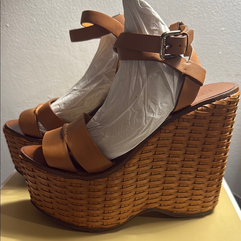 Ralph Lauren Woven Platform Wedge Sandals in Tan